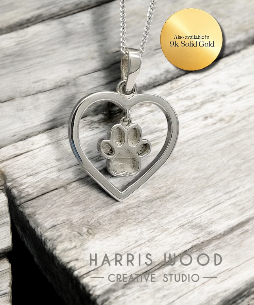 PAW PRINTS ON MY HEART PENDANT 20mm - SOLID 925 SILVER