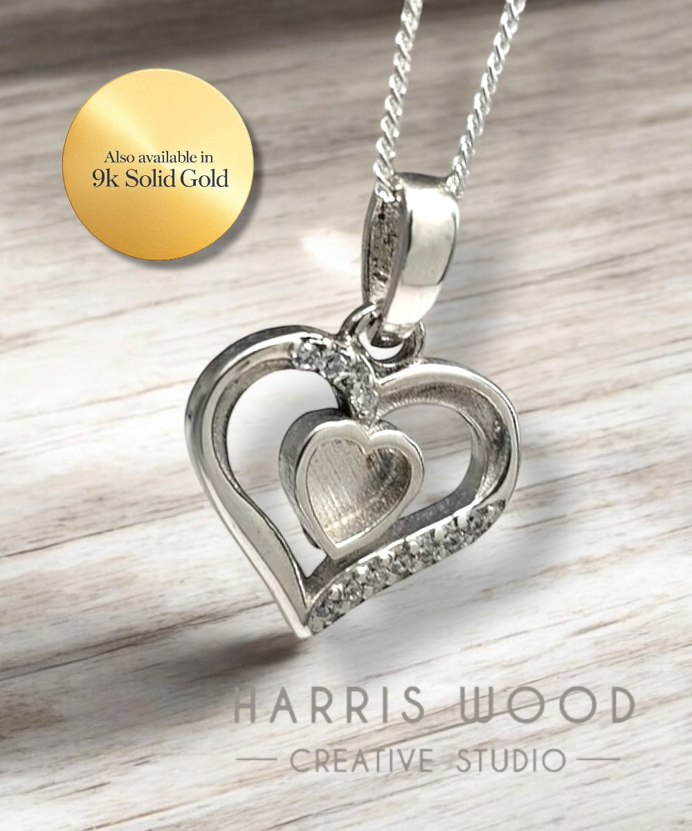 EOL - Crystal Heart with Centre Heart Pendant Solid SILVER