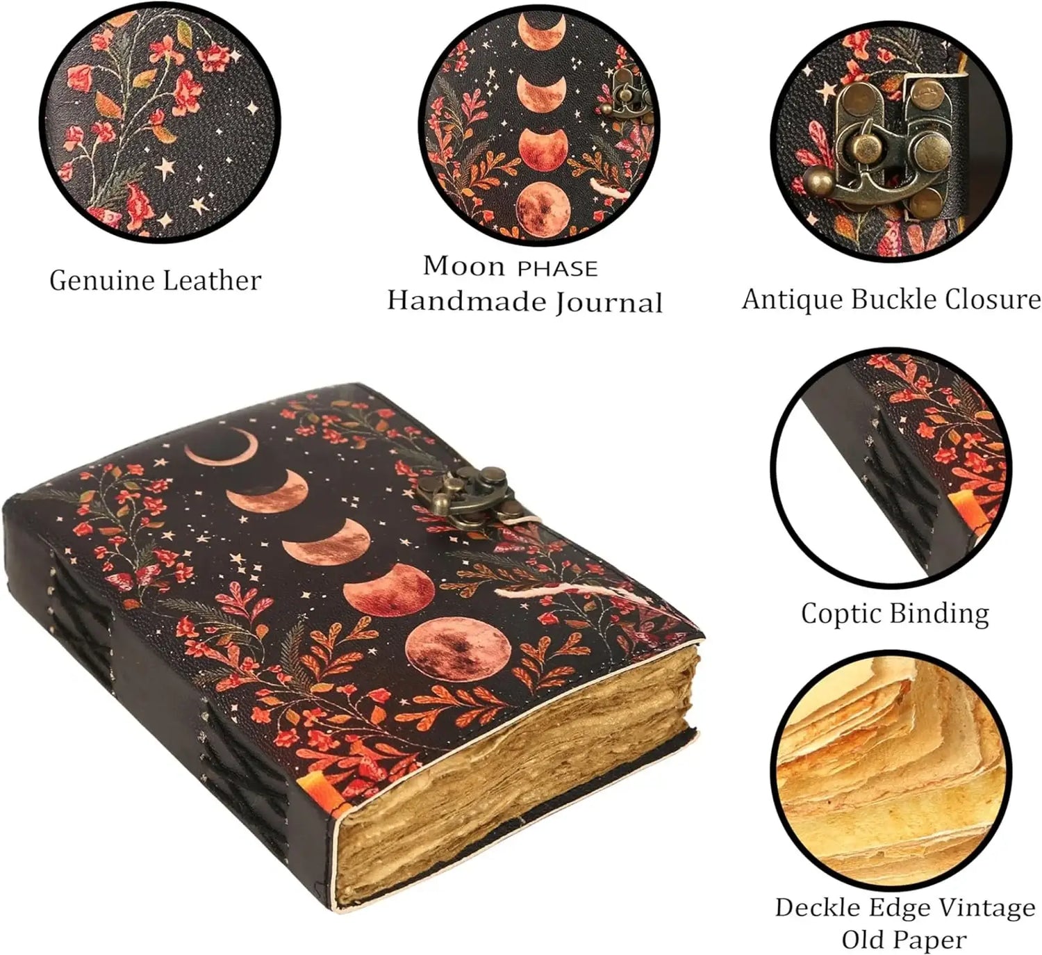 Vintage Leather Journal/Notebook with Moon Print