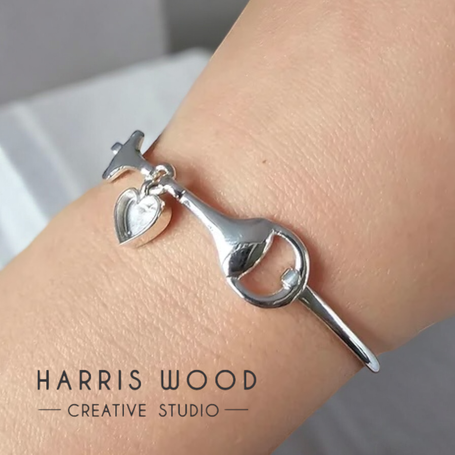 Horse Bit Heart Bezel Hook Clasp Bangle SOLID 925 SILVER