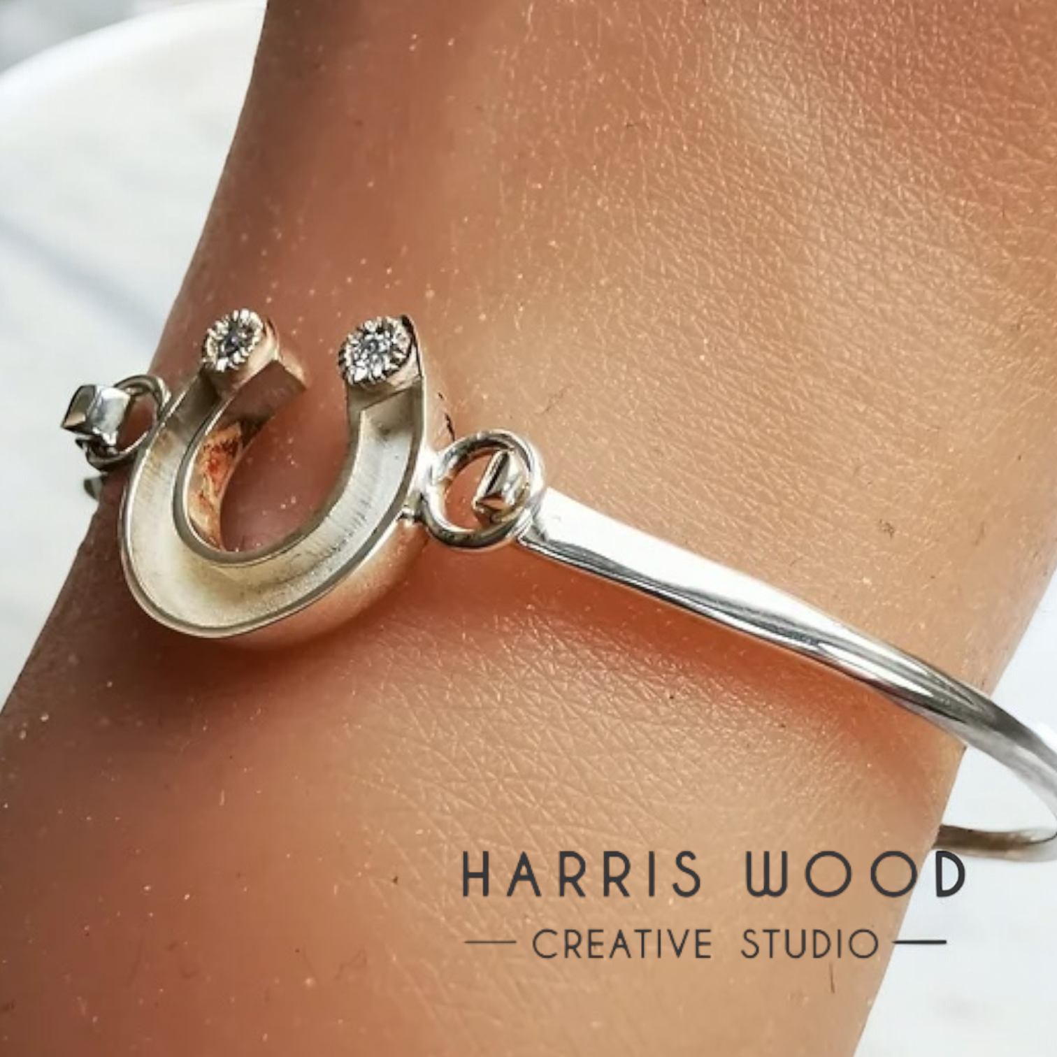 EOL -
CZ Horse Shoe Bezel Hook Clasp Bangle Solid SILVER
