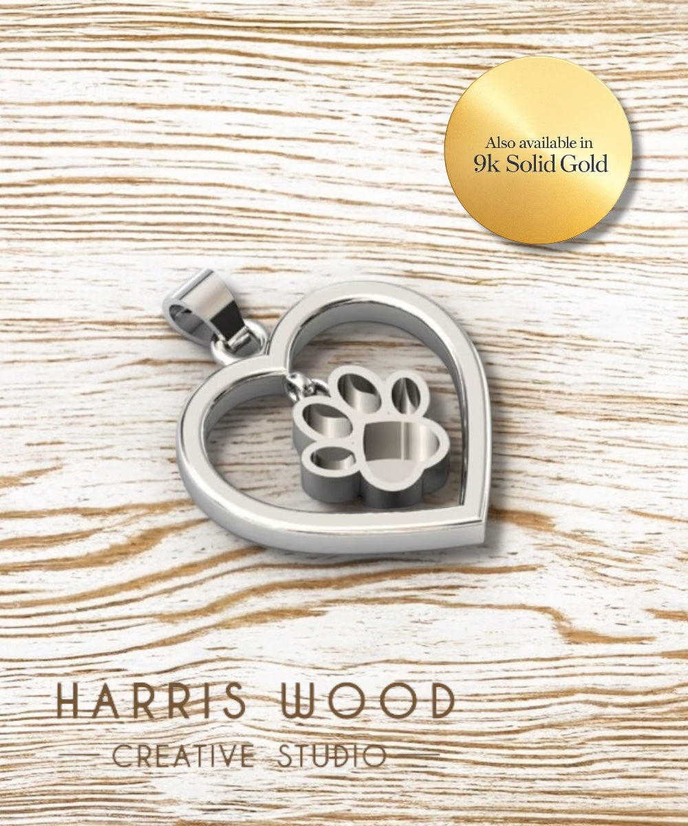 PAW PRINTS ON MY HEART PENDANT 20mm - SOLID 925 SILVER