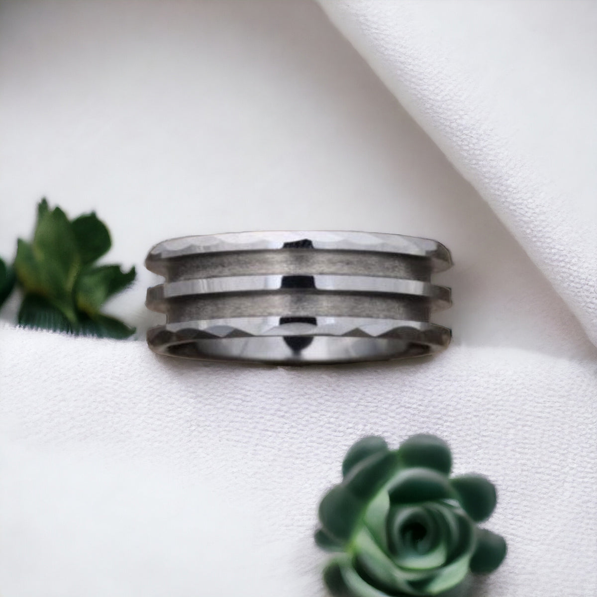🤎 Tungsten - Faceted Edge 10mm Double Channel Ring