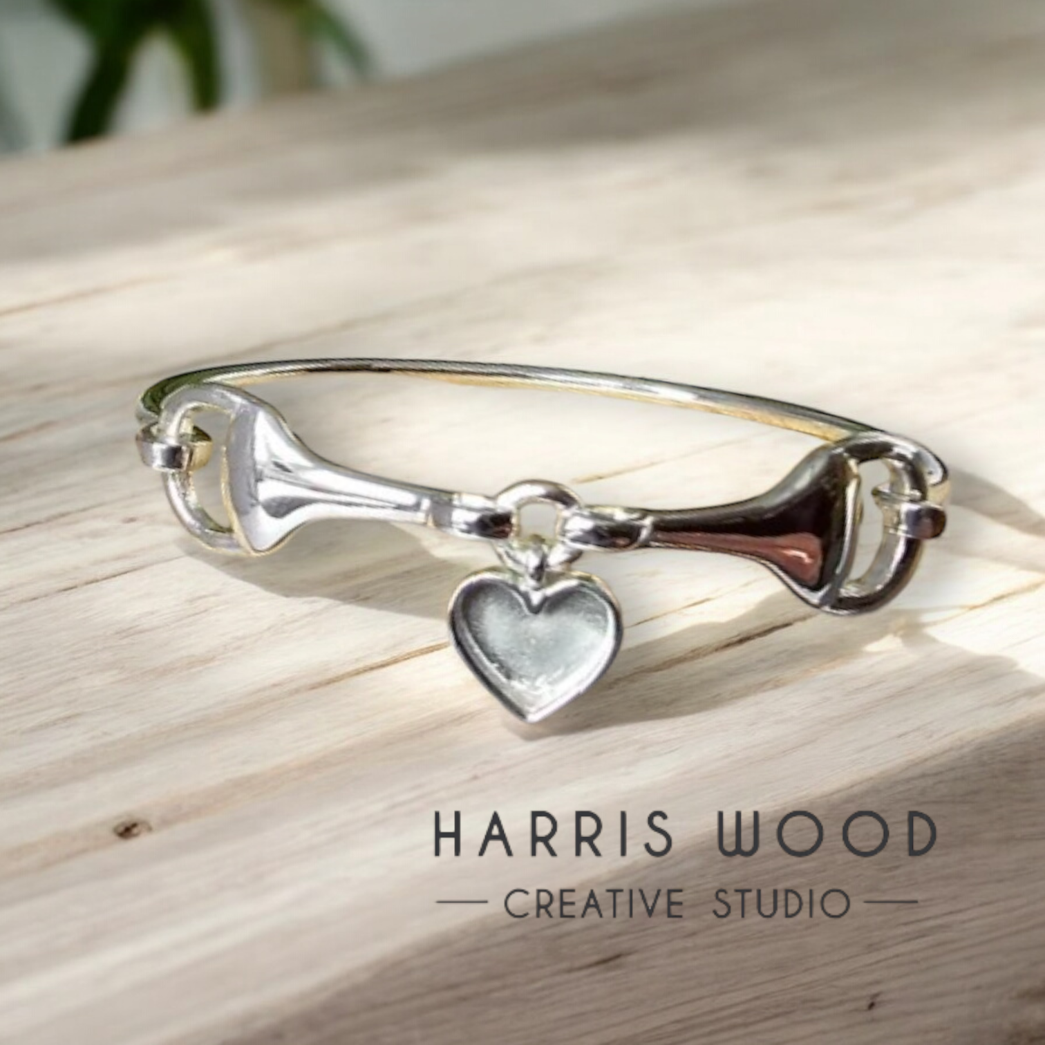 Horse Bit Heart Bezel Hook Clasp Bangle SOLID 925 SILVER