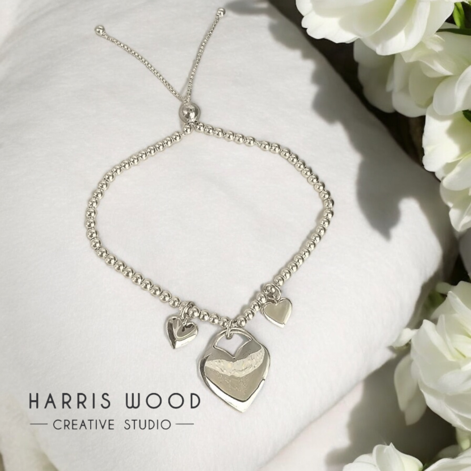 Beaded Triple Heart ENGRAVABLE Adjustable Bracelet SOLID 925 SILVER
