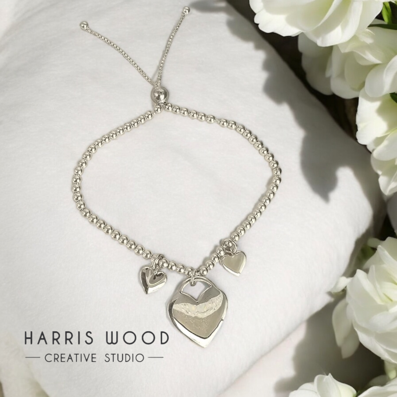 Beaded Triple Heart ENGRAVABLE Adjustable Bracelet SOLID 925 SILVER