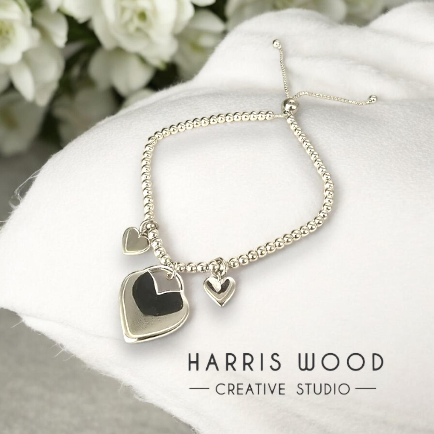 Beaded Triple Heart ENGRAVABLE Adjustable Bracelet SOLID 925 SILVER
