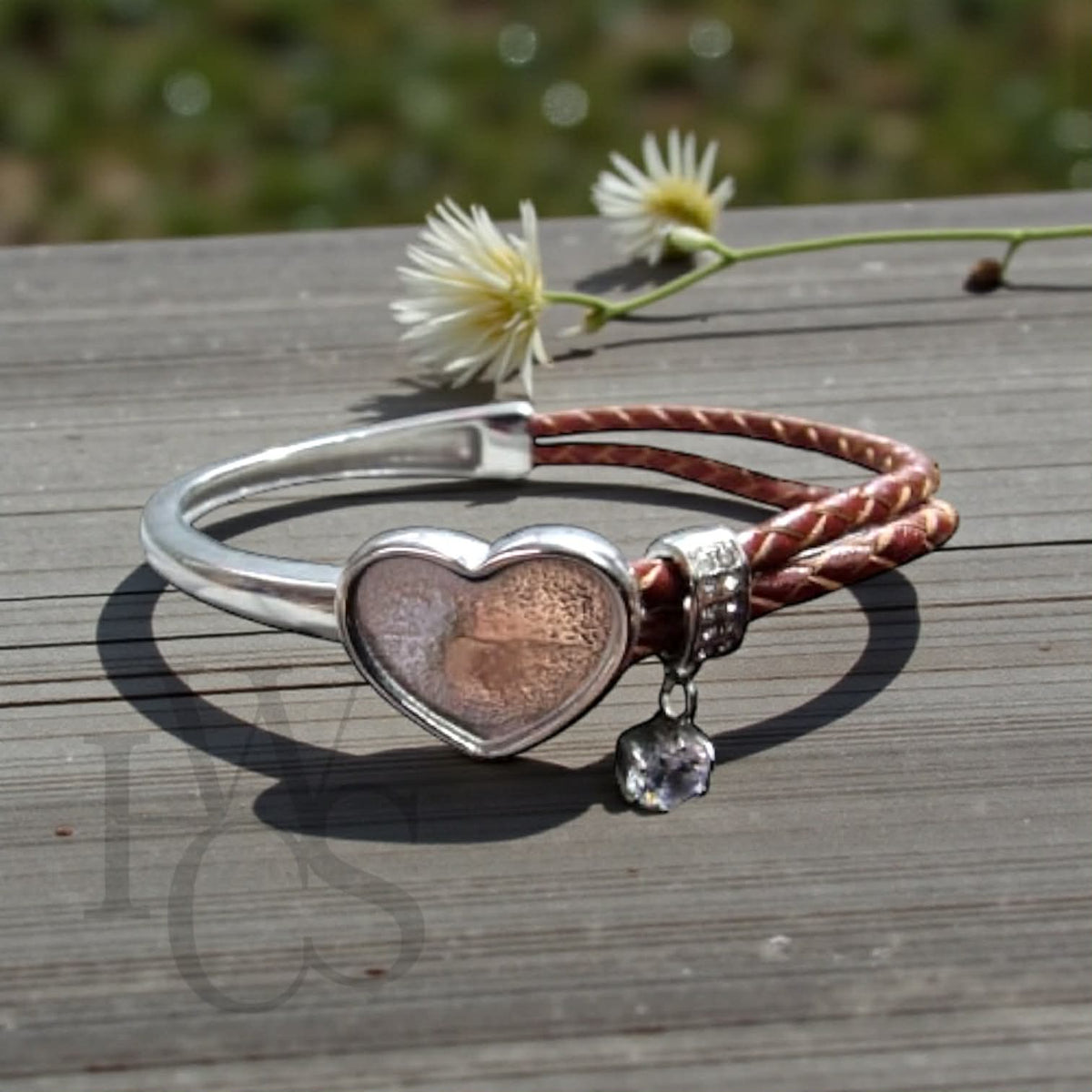 ๐ Half & Half Steel & Leather Heart Bangle