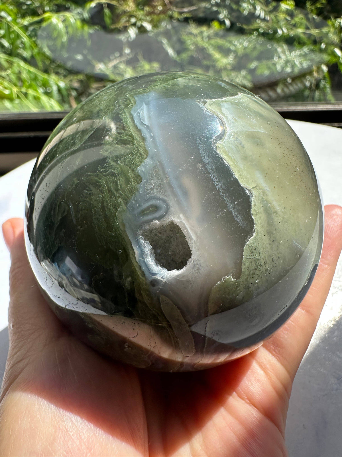 Large Moss Agate Sphere – Heart Chakra Crystal Gift
