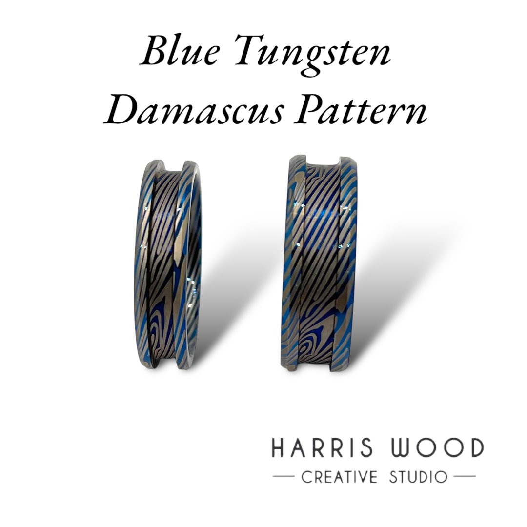 Blue TUNGSTEN Damascus Patterned Single Channel Ring