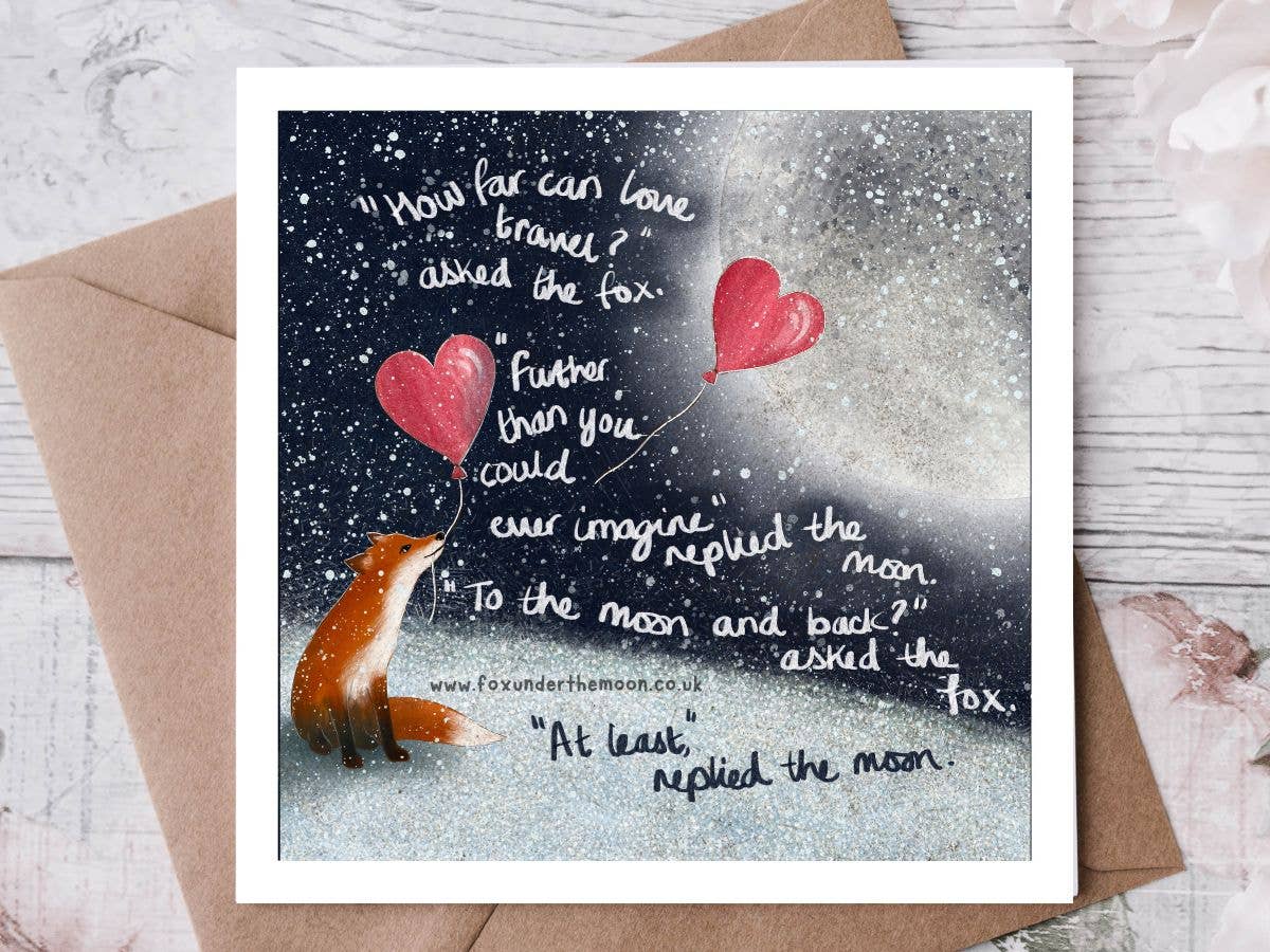 Greeting card with fox holding heart-shaped balloons and romantic quote on a snowy background.