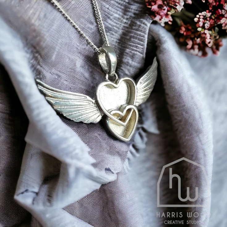 Double Heart Winged Solid Silver Setting Pendant