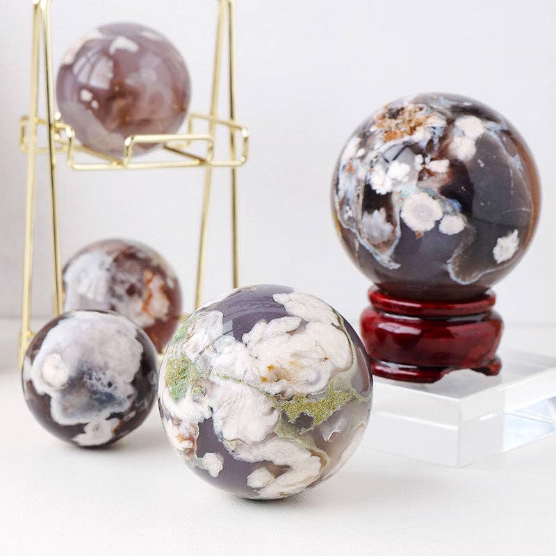 Black Flower Agate Sphere - Healing Crystal, Self-Growth, Grounding, Meditation