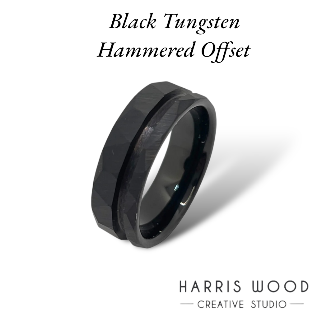 Black Tungsten Hammered Offset Channel Ring