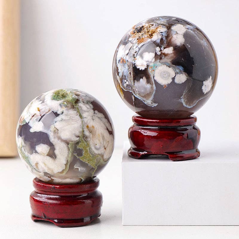 Black Flower Agate Sphere - Healing Crystal, Self-Growth, Grounding, Meditation