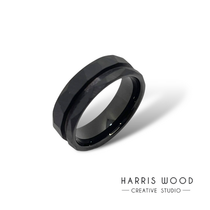 Black Tungsten Hammered Offset Channel Ring