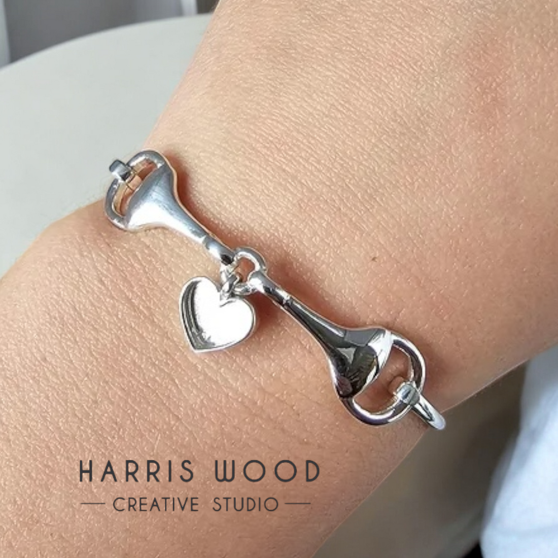 Horse Bit Heart Bezel Hook Clasp Bangle SOLID 925 SILVER