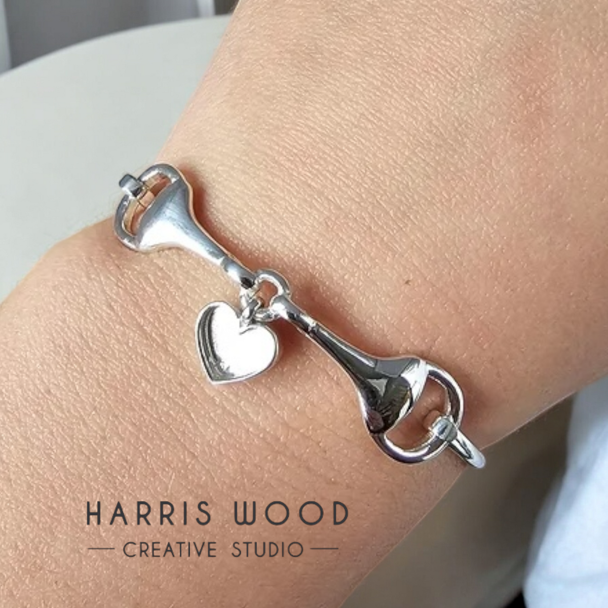 ❤️ Horse Snaffle Bit Dangle Heart Bangle - Solid 925 Silver