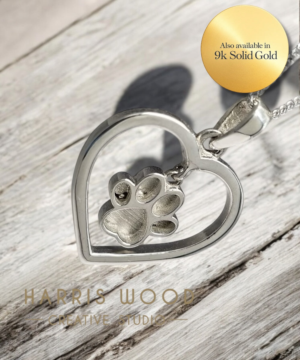 PAW PRINTS ON MY HEART PENDANT 20mm - SOLID 925 SILVER