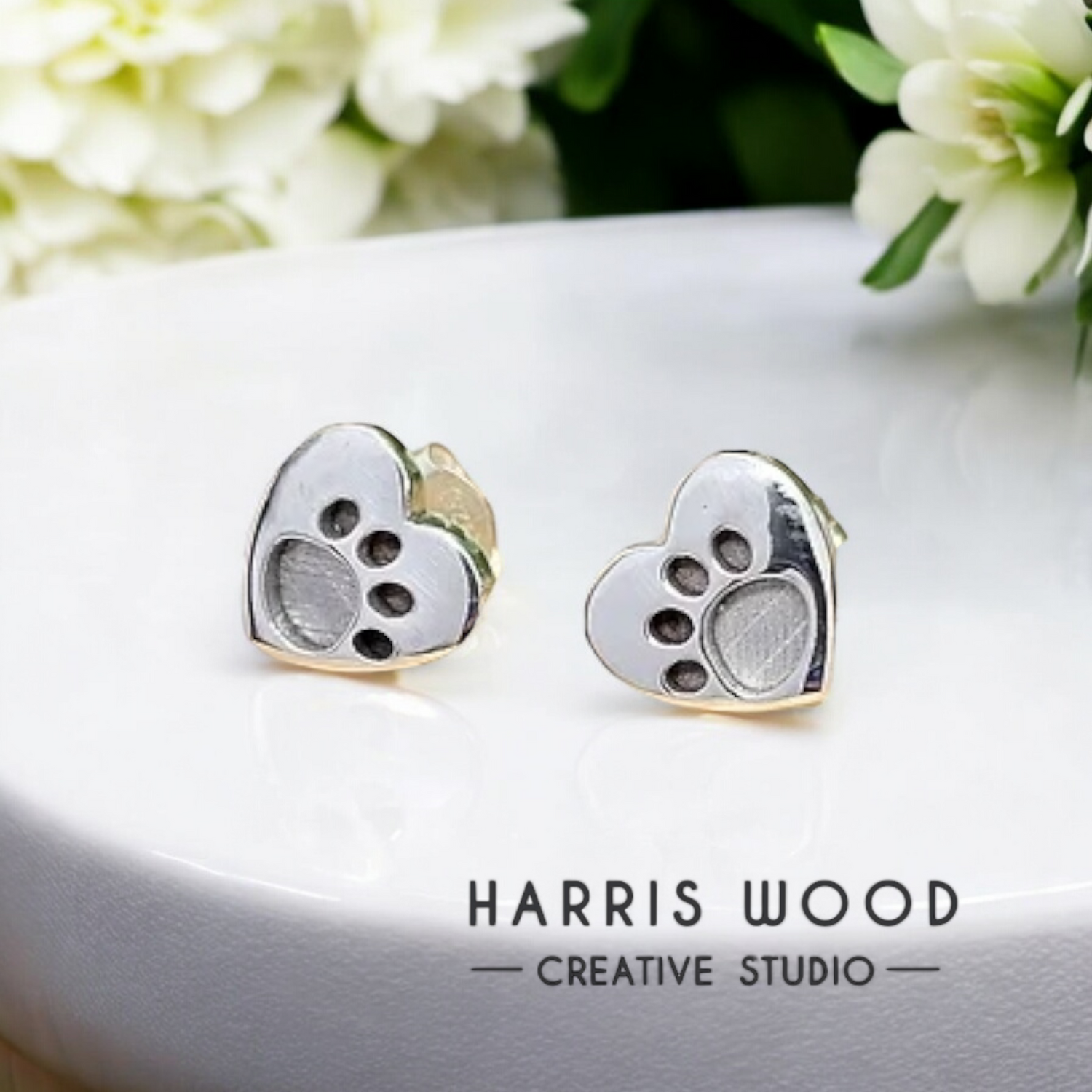 Heart Paw Studs Solid 925 Silver Earring Set