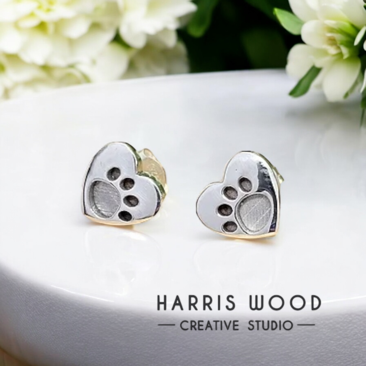 Heart Paw Studs Solid 925 Silver Earring Set