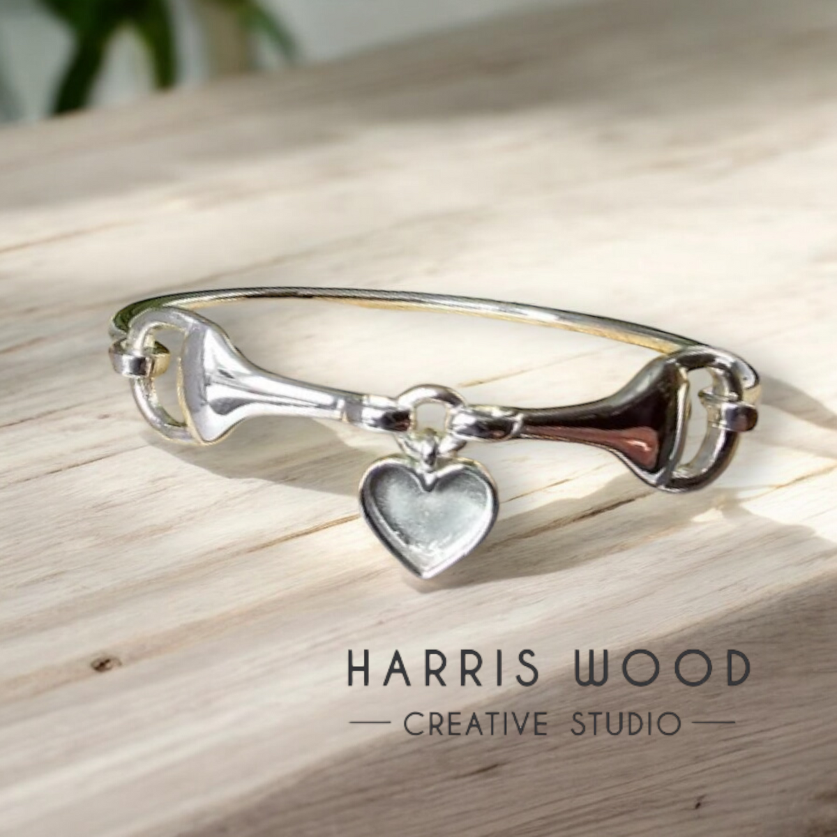 ❤️ Horse Snaffle Bit Dangle Heart Bangle - Solid 925 Silver
