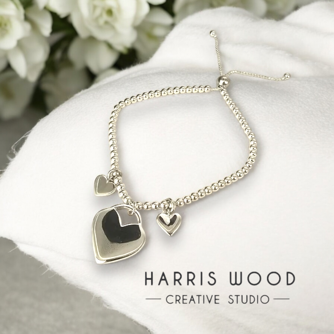 Beaded Triple Heart ENGRAVABLE Adjustable Bracelet SOLID 925 SILVER