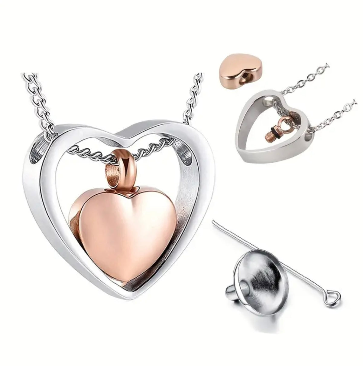 Stainless Steel Heart in a Heart Urn Pendant and Chain