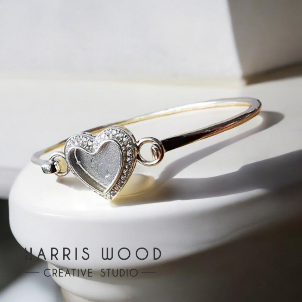 ❤️ CZ Heart Bezel Hook Clasp Bangle - Solid 925 Silver