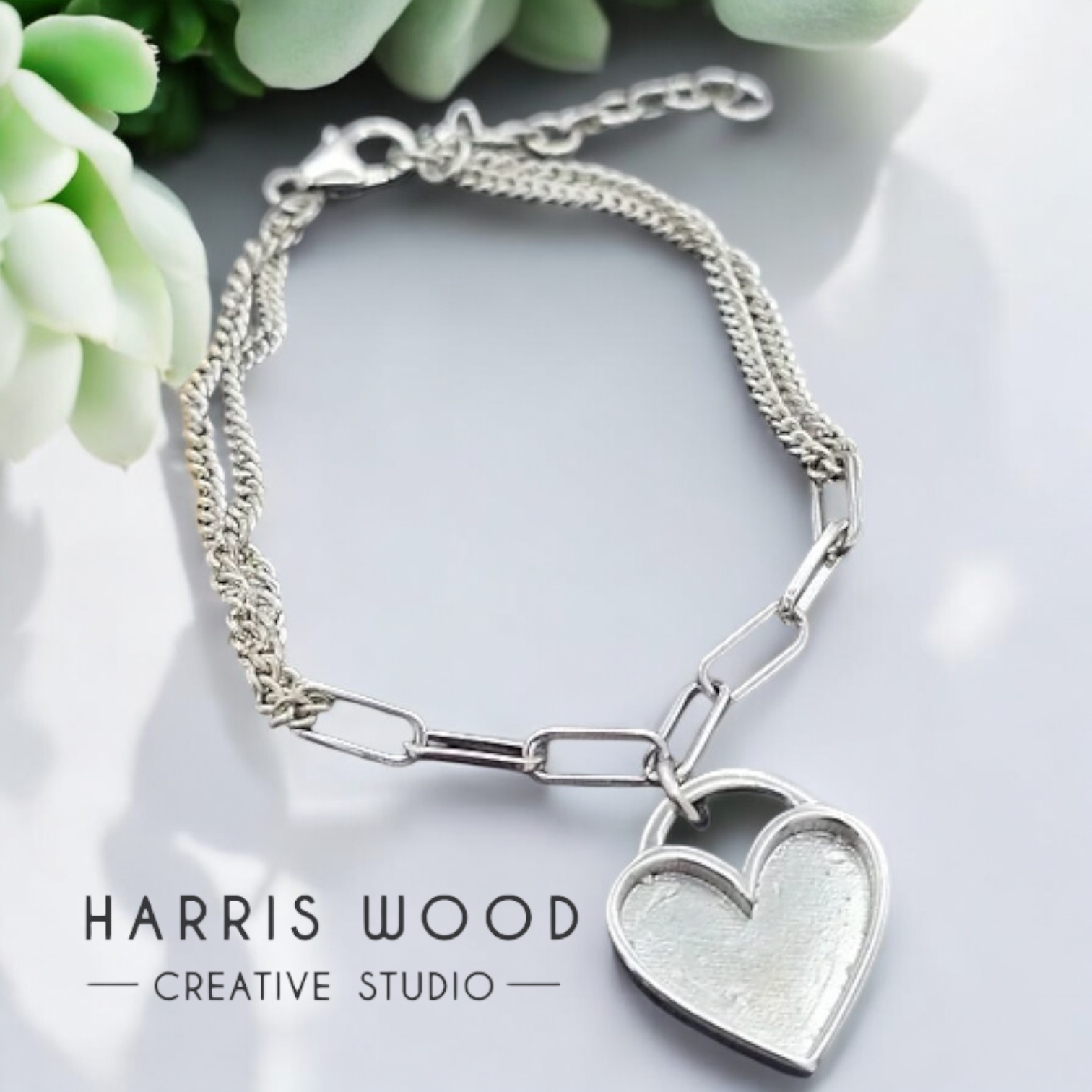 Chunky Link Heart Bezel Bracelet SOLID 925 SILVER