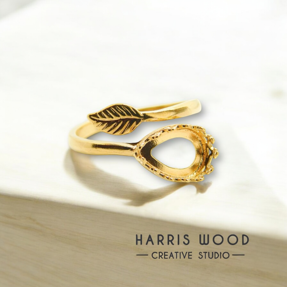 GOLD VERMEIL PLATED Leaf & Teardrop Adjustable Ring