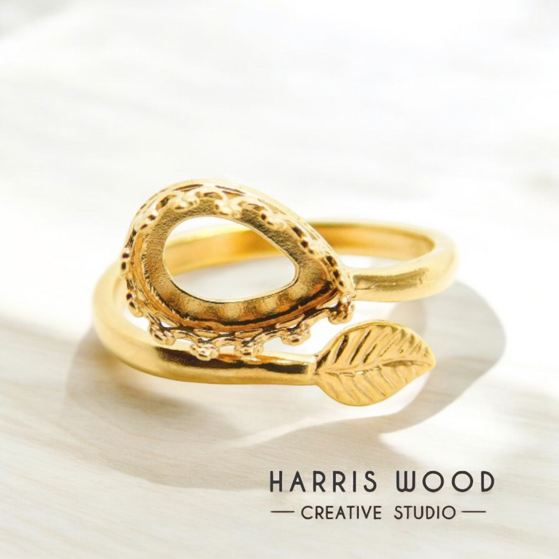 GOLD VERMEIL PLATED Leaf & Teardrop Adjustable Ring