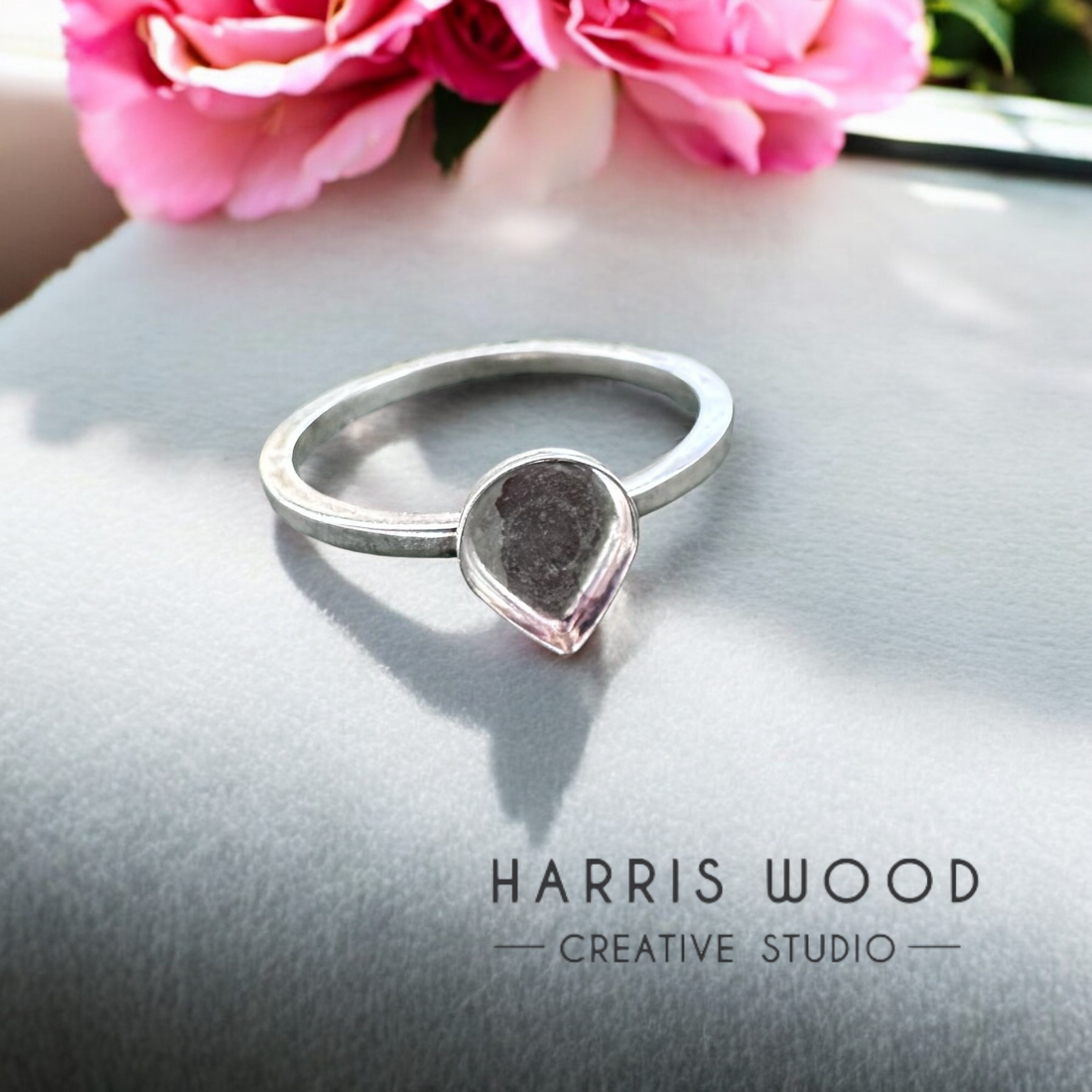 Classic Square Band Ring Setting with smooth sided Teardrop Bezel - Solid SILVER