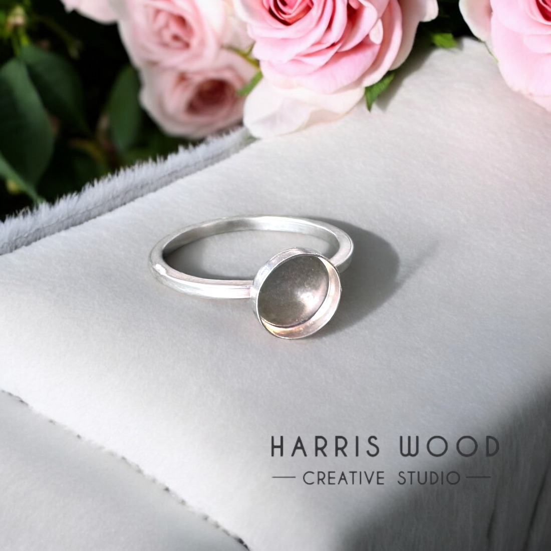 Classic Square Band Ring Setting with smooth sided Round Bezel - Solid SILVER
