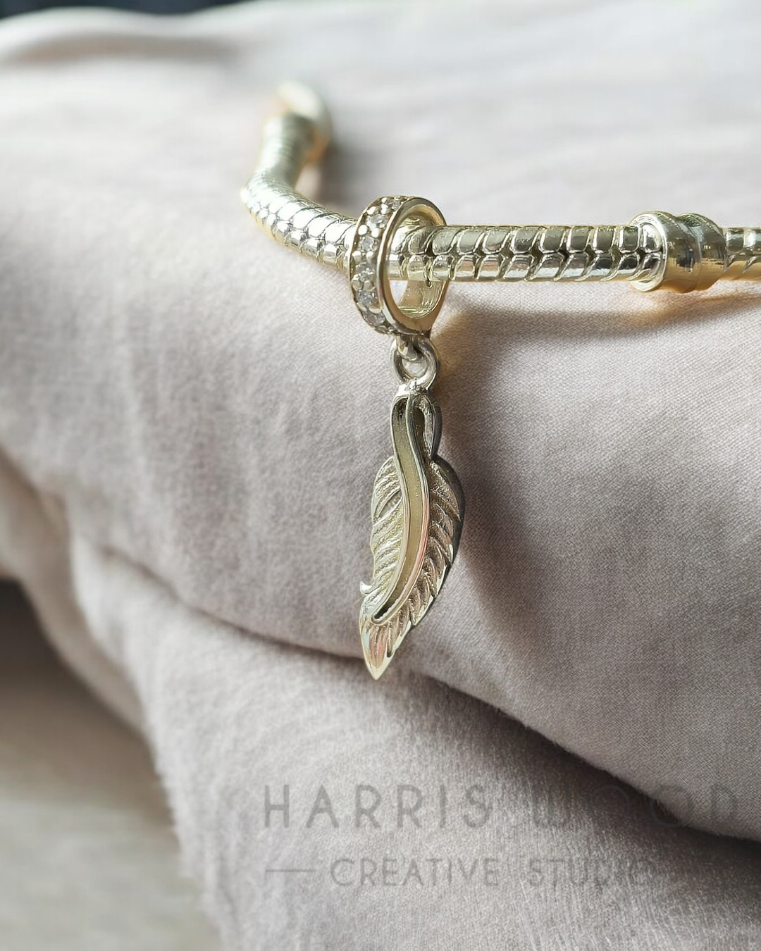 🩵Feather CZ Bracelet Dangle Charm Solid SILVER