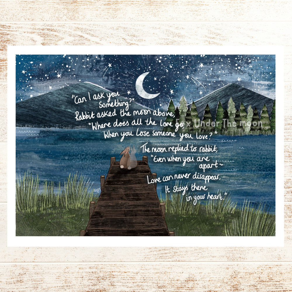 Artistic depiction of a person sitting on a dock by a lake with a moonlit sky and text overlay.