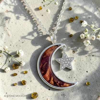 Crescent Moon &amp; Star Pendant – Burgundy Orange Swirl Mockup