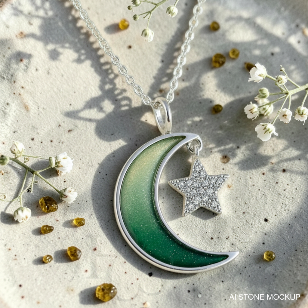 Crescent Moon &amp; Star Pendant – Emerald Ombré Mockup
