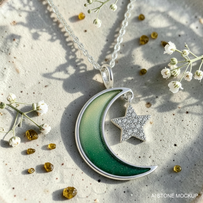 Crescent Moon &amp; Star Pendant – Emerald Ombré Mockup
