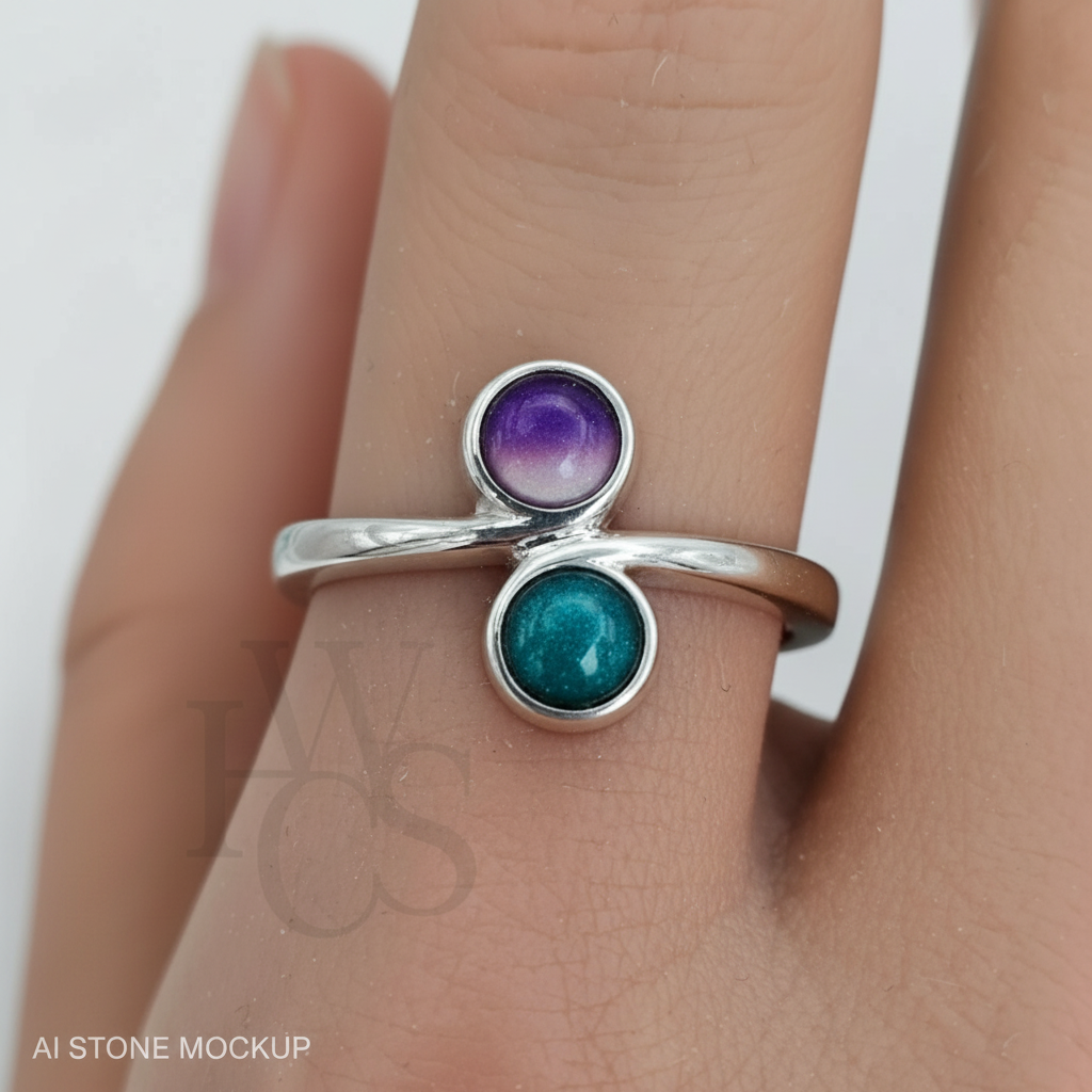 Double Round Bezel Bypass Ring – Violet &amp; Teal Stone Mockup