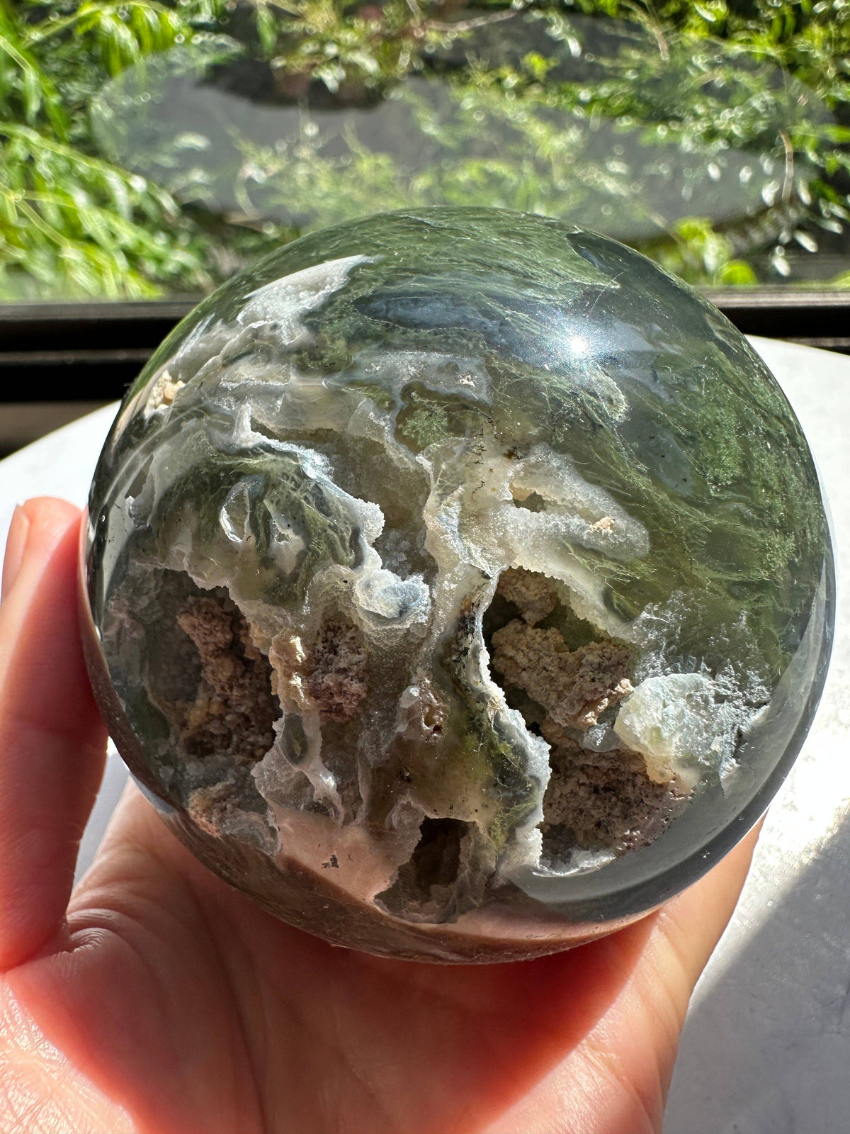 Large Moss Agate Sphere – Heart Chakra Crystal Gift 
